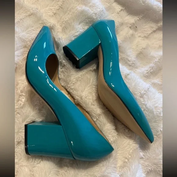 Sergio Rossi Chunky Block Heel Turquoise Patent Leather Pointed Toe Pumps 10 NEW - Picture 2 of 9